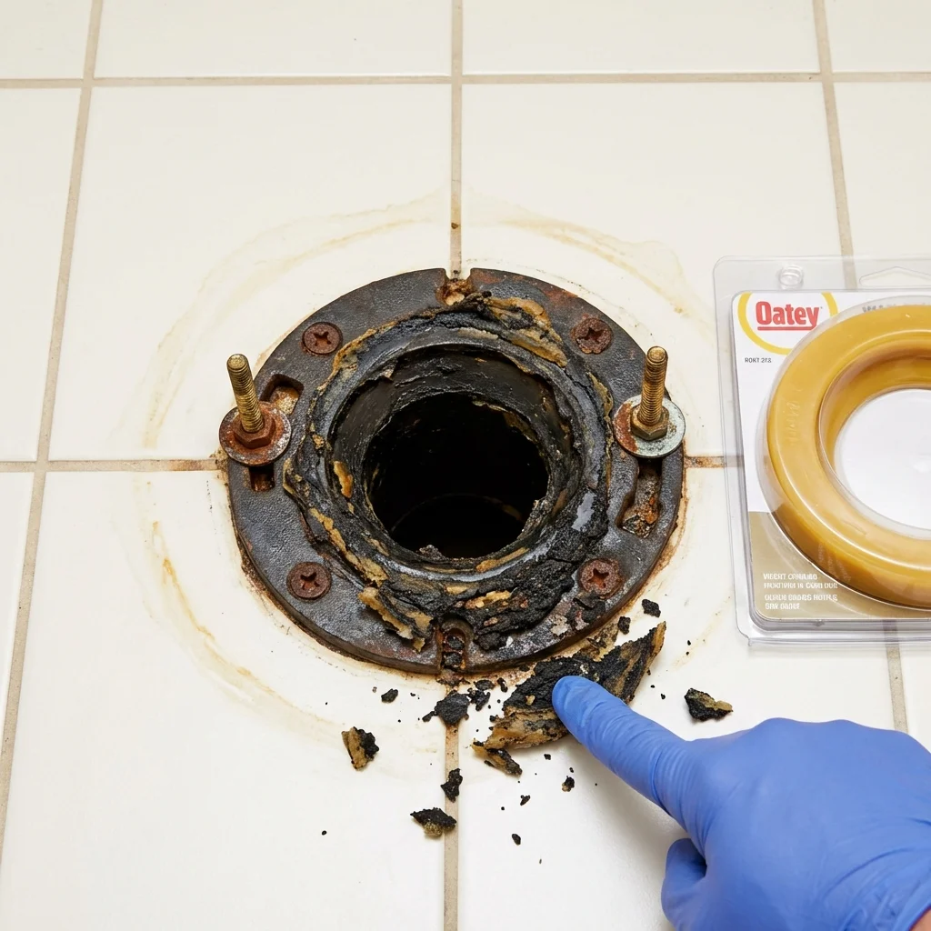 Failed wax ring showing water seepage at the base of a toilet in a Clinton, MS home