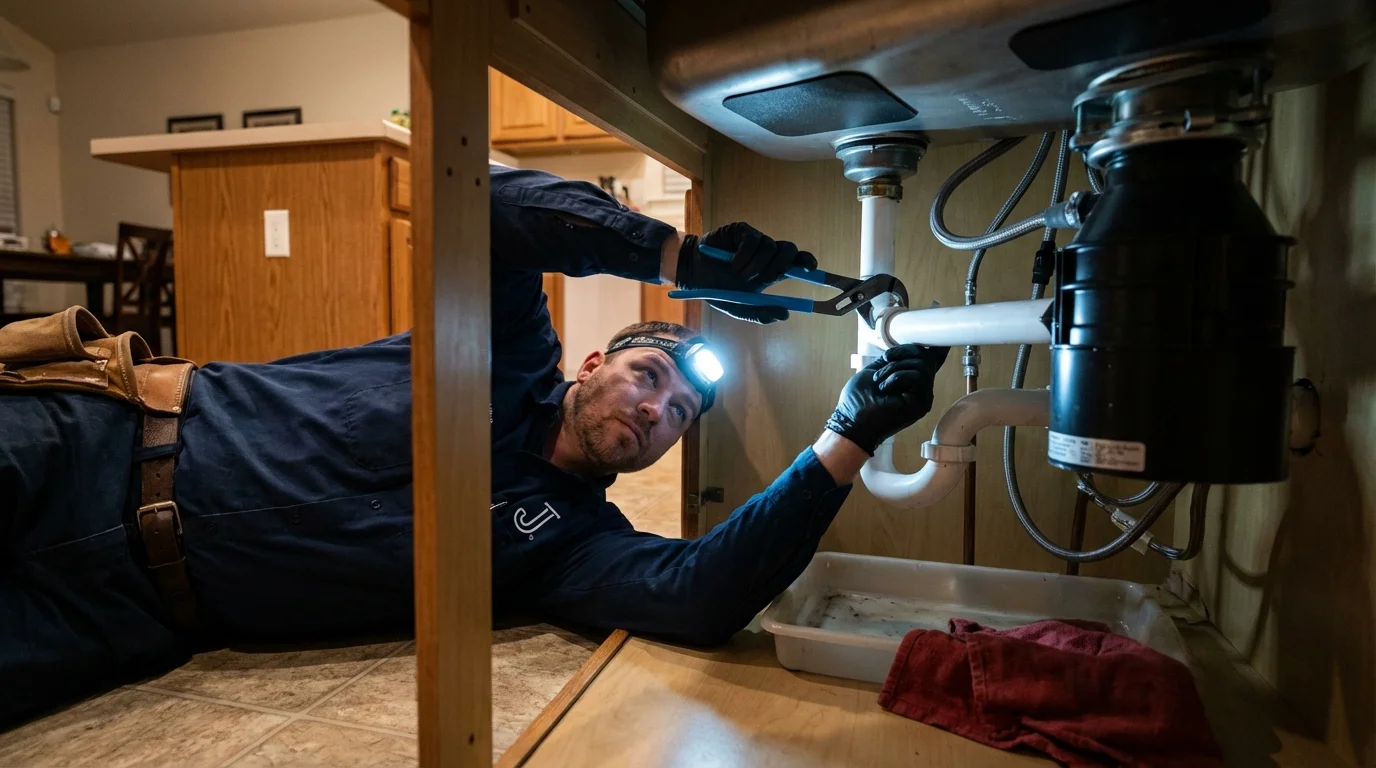 P-trap and supply line connections under a kitchen sink showing a common leak point in Clinton, MS